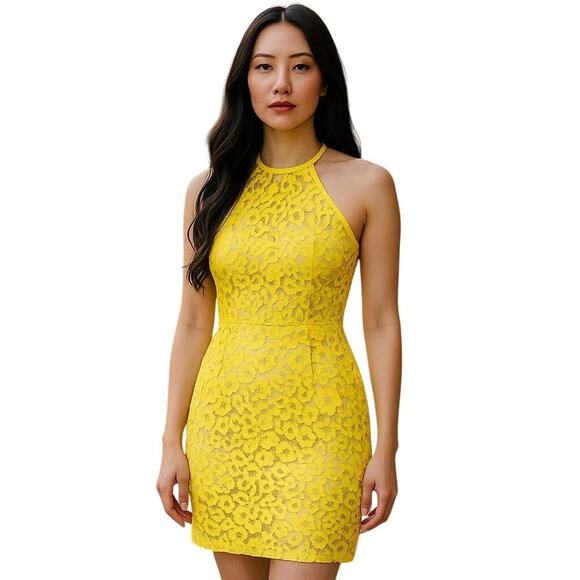 Trina Turk women's lace Neon yellow halter dress Size 4 Silk Garden Party Career - Picture 1 of 10